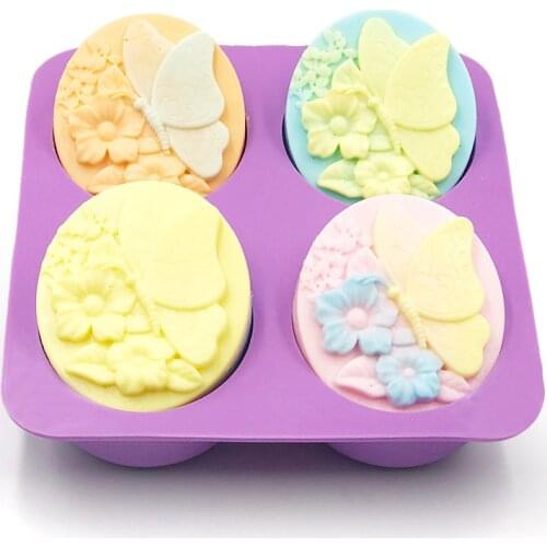 3D 4 Hole Butterfly Flower Food-grade Silicone Soap Mold Cake Handmade Baking Tool Pudding Ice Molds DIY Crafts For Soap Making