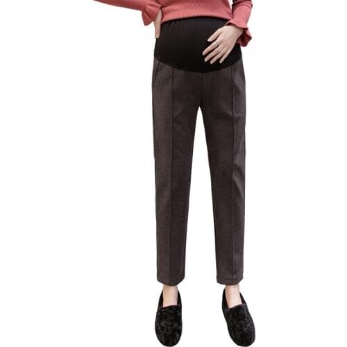 9/10 Autumn Office Formal Thick Woolen Maternity Pants OL Elastic Waist Belly Trousers Clothes for Pregnant Women Wear Pregnancy