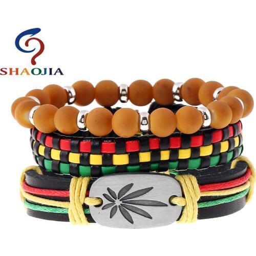 Leather Bracelets Jewelry Men Fashionable Jamaica Bracelet Adjust Size Elastic Beads Bracelet Maple Leafs Weave Wrap Bracelet