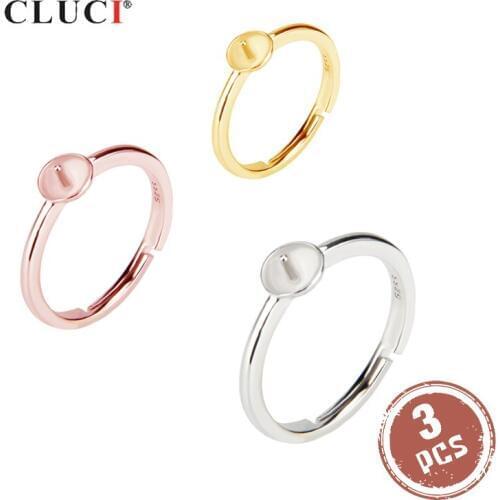 CLUCI 3pcs Real 925 Sterling Silver Women Wedding Engagement Ring Adjustable Simple Round Pearl Ring Mounting SR2054SB