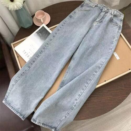 Light Blue Denim Trousers Vintage Wide Leg Pants Women Straight Long Pants High Waist Casual Loose With Belt 2021