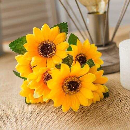 Artificial Home Decora Flowers 7 Head Silk Sunflower Wedding Floral Bouquet Fake Simulation Flower Home Party Desk Decor Fake