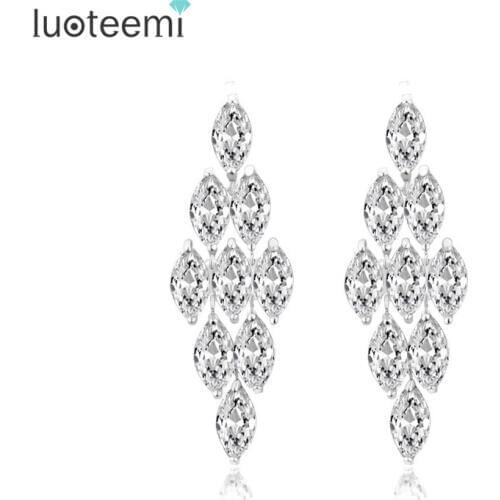 LUOTEEMI Brand High Quality European Long AAA+ CZ Dangle Big Earrings for Wedding and Party Elegant Jewelry White Gold-Color