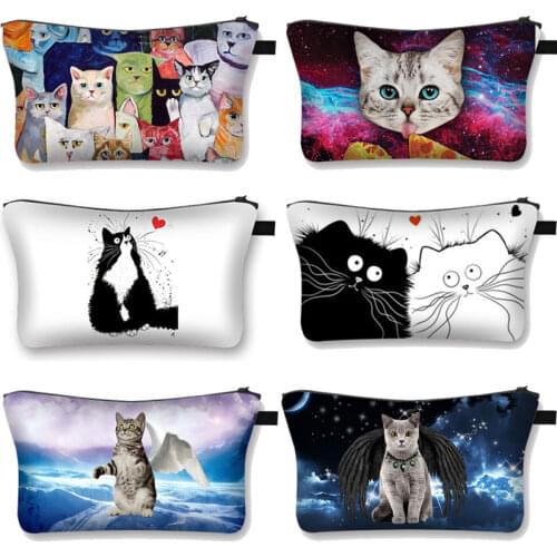Cute Cat Black and White/Starry Sky Ladies Cosmetic Case Girl Travel Storage Bags Women Makeup Bag