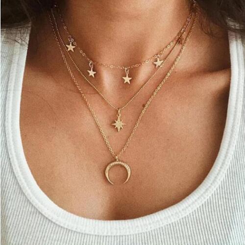 Multi layers Necklace moon star Pendant with crystal setting metal chain gold color plated for accessory shop women gift