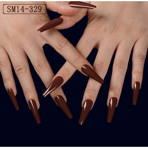 24pcs New popular candy color super long house mouth ballet coffin fake nails deep brown CP329