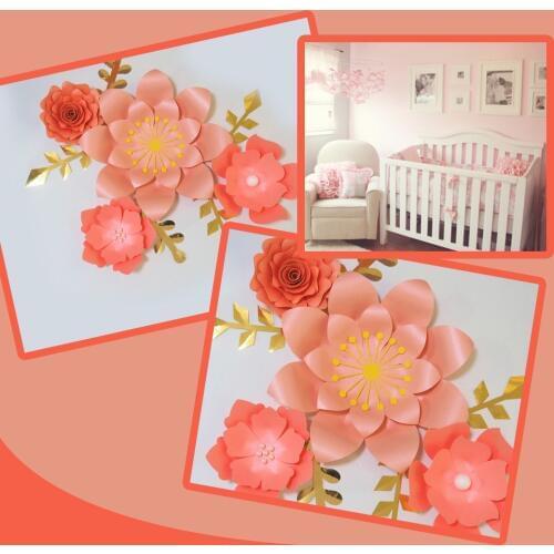 Handmade Pink Easy Made DIY Paper Flowers Gold Leaves Set 4 Nursery Wall Deco Baby Shower Girls Room Backdrop Video Tutorials