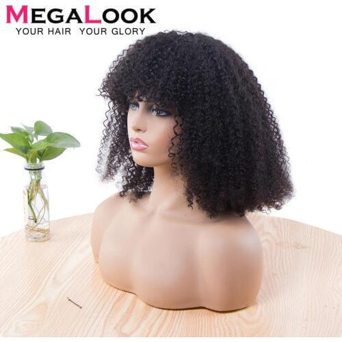 28 Inch machine Wigs For Women Human Hair Brazilian Hair Wigs With Bangs 180 Density Megalook Remy Hair Natural Jerry Curly