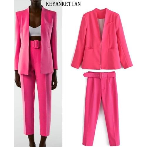 KEYANKETIAN Za2021 new solid color rose color collarless chic suit jacket high waist pants formal suit office lady business suit