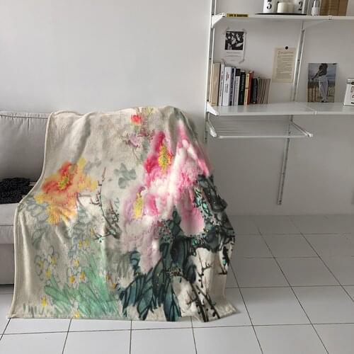 Flower Petals Ink Painting Throw Blanket Picnic Travel Blanket Portable Soft Bedspread Microfiber Flannel Blankets for Beds
