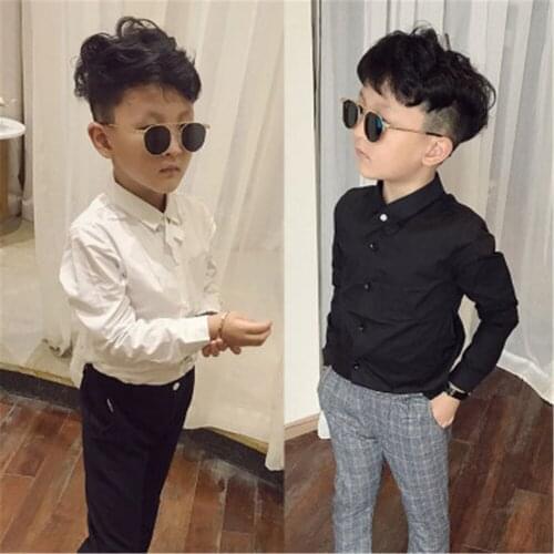 Casual Boys Shirts White Long Sleeve Tops for Teenage School Boy Cotton Turn-down Collar Black Shirt Toddler Baby Bottom Clothes