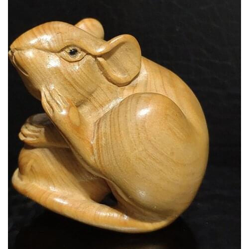 Q4303 - 2 " Hand Carved Japanese Boxwood Netsuke Figurine Carving - Lovely Mouse