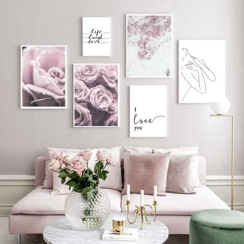 Pink Rose Flower Poster Nordic Style Fashion Quotes Wall Art Print Canvas Painting Modern Picture Girl Room Home Decoration