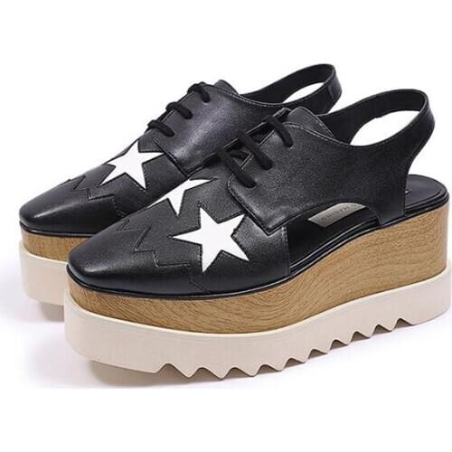 Shiny Five-pointed stars Platform Women Wedge Shoes Square toe Lace Up Genuine Leather Thick bottom Loafer Casual Shoes woman