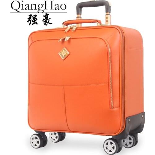 QiangHao brand 16" 20" inch men 100% Genuine cow leather vintage carry on suitcase hand luggage cabin travel bags on wheel