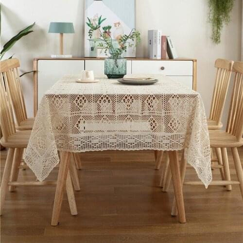 Crochet Hollow Tablecloth Home Decorative Fabric Lace Beige Bedroom Coffee Table for Living Room Cover Cloth Mat