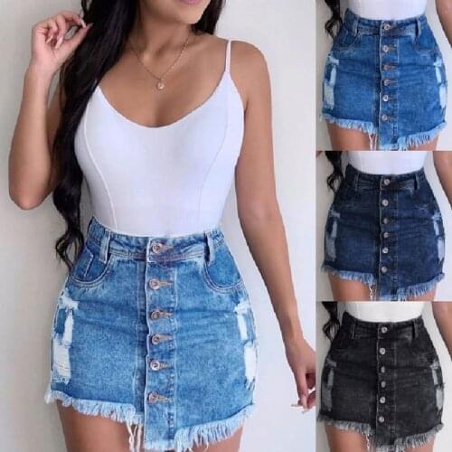 Women Summer Denim Skirts High Waist Button Jeans Skirts Ladies Ripped Hole Tassel Skirt