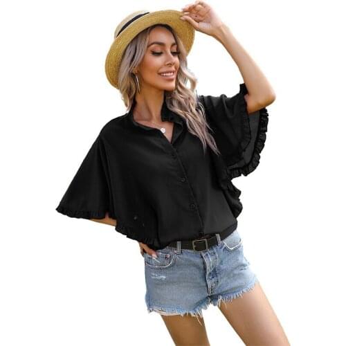 Fashion Lotus Leaf Sleeve Chiffon Shirt Womens Shirt Solid Single-breasted European and American Fashion Temperament