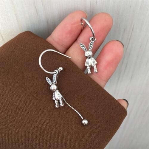 Cute Animal Bunny Rabbit Tassel chain beads Stud Earrings Women Asymmetry Creative Cartoon Metal Rhinestone Jewelry Girls