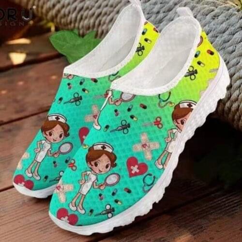 Cute Cartoon Nurse Doctor Hospital Pattern Woman Slip on Sneakers Mesh Nursing Shoes for Women Lightweight Footwear