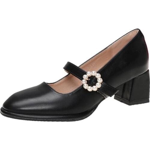 Vintage Mary Jane Shoes Female 2021 Spring New British Style Heels Women Beige Black Leather Shoes with Shallow Mouth Shoes