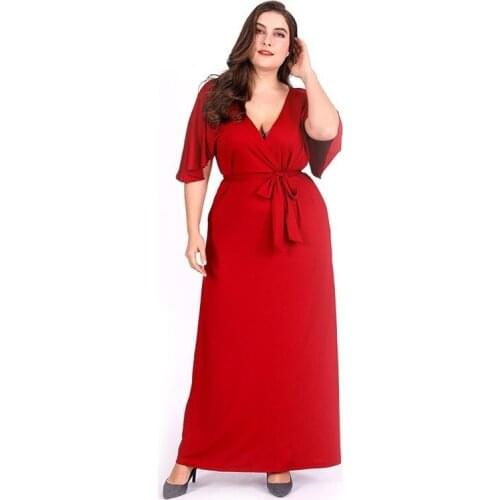 Echoine Shawl Sleeve Dress Red Sexy V-neck Big Swing Dress Elegant Office Lady Summer Dress Women Plus Size