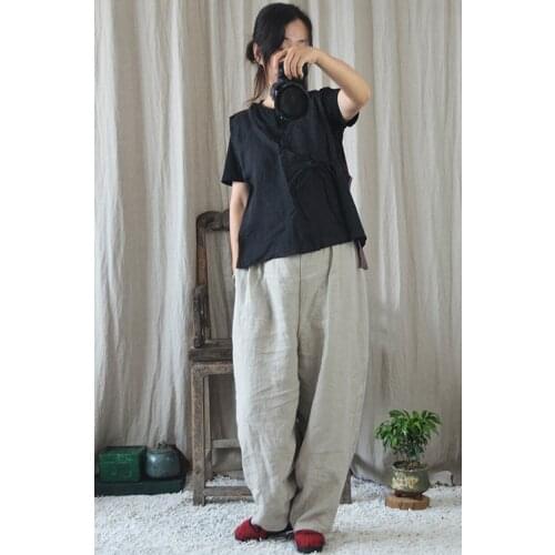 Women Ramie Elastic Waist Loose Pants Ladies Solid Color Vintage Plus Size Trousers Female Casual Pants Retro Trousers 2021