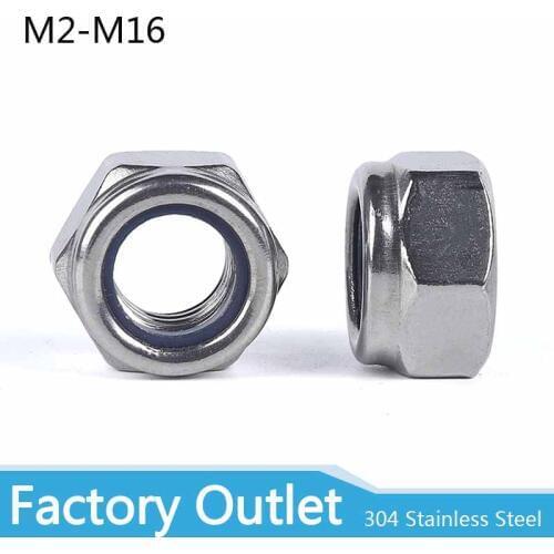 50pcs304 Stainless Steel Hex Hexagon Nylon Insert Lock Nut Self locking Nylock Nut Locknut M2 M2.5 M3 M4 M5 M6 M8 M10 M12 M16