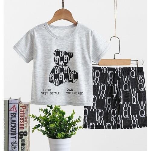 Short Sleeve Set Girls Boutique Outfits 2021 New Style Cute Bear 2pcs Set Cartoon Cotton Tops Shorts 2 Piece Home Wear Clothes