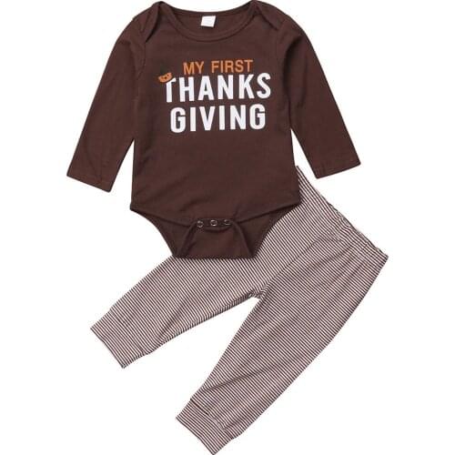 Newborn set My First Thanksgiving Baby Boy Girl Outfit Cotton Long Sleeve Romper+Striped Turkey Pants 2Pcs Set