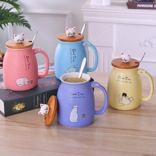 Cat Mug Cute Ceramic Coffee Cup with Lovely Kitty wooden lid Stainless Steel Spoon,Novelty Morning Cup Tea Milk Christmas Mug