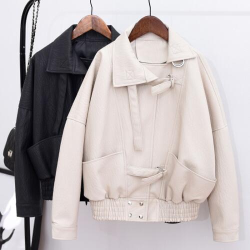 Leather Jacket Women Casual Batwing Sleeve Washed Pu Outcoat New Fashion Faux Leather Jacket Loose Big Pocket Tight Edge Jackets