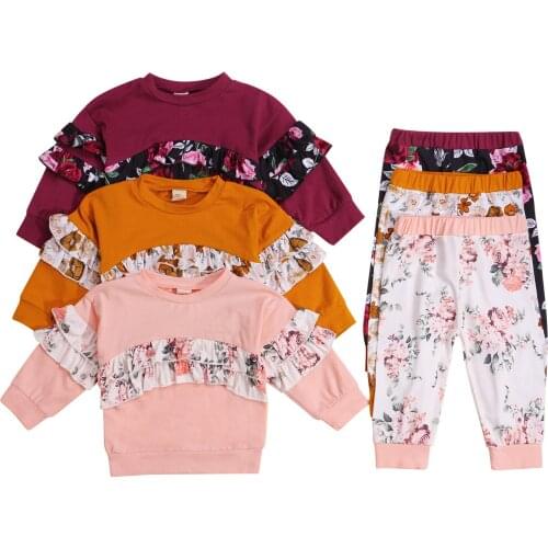 Summer Little Infant Girl’s T-shirt and Trousers Suit Fashion Ruffles Long Sleeve Tops and Flower Long Pants 0-3T