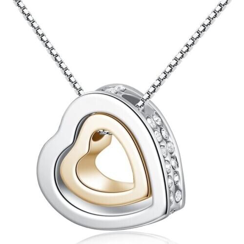 Fashion Necklace Double Heart Design Gold Sliver Color Crystal Simple Jewelry for Women Wedding Gift 2019