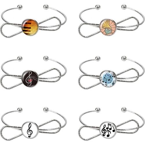 Music notes instruments glass cabochon bangle Bow style silver color/golden Cuff bracelet jewelry Christmas gift ZB0061/0062