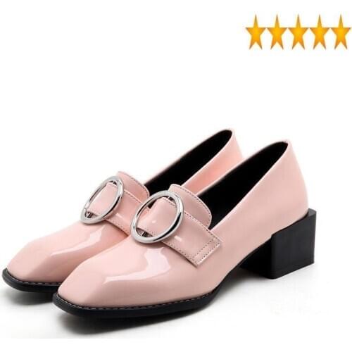 Block 2021 New Style Comfort Thick Med Heel Footwear Metal Ring Square Toe Preppy Womens Shoes Faux Patent Leather Loafers Pumps