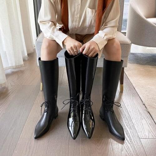 2021 New Winter Women High-end Long Genuine Leather Modern Boots All-match Black Knight Rome Boots Horse Shoes