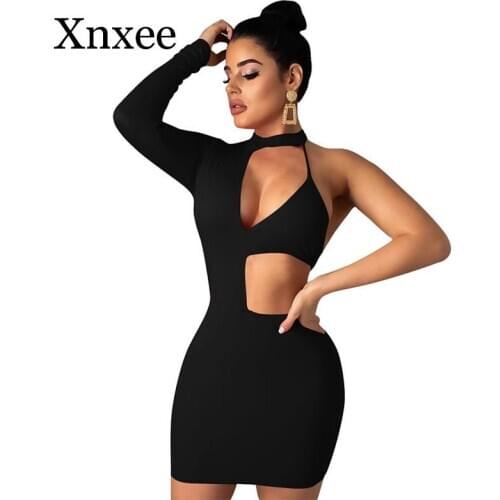 Backless Bodycon Club Party Dress Women Plus Size Halter Solid One Shoulder Slim Sexy Short Dress Summer Long Sleeve Mini Dress