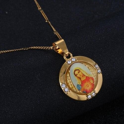 Gold Color Catholic Christian Enamel Blessed Mother Cameo Virgin Mary Pendant Necklace Round Chain Jewelry