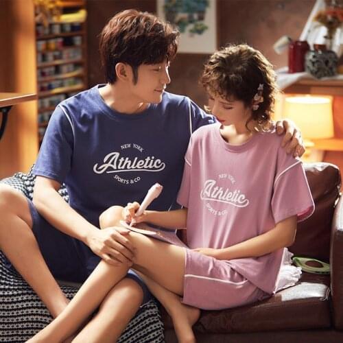 JULYS SONG Couples Pajamas Sets Casual Patchwork Cartoon T-shirt Shorts Nightwear Comfortable Soft Cotton Sleepwear Homewear