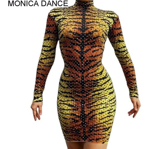 Women Sexy Stage Tiger Pattern Printed Dress Rhinestones Stretch Mini Dress Singer Dress Women Birthday Celebrate Dance Dress