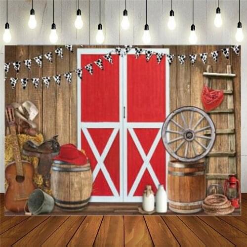 Durable Fabric Western Cowboy Scene Photography Backdrop Red Barn Door Farm BBQ Party Decoration Background Photo Booth
