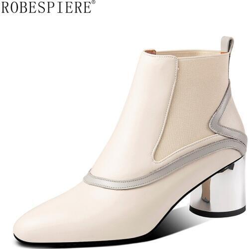 ROBESPIERE Metal Heel Boots Women Chelsea Boots Genuine Leather Warm Shoes Sexy Pointed toe Lady High Heels Plus Size Shoes B97
