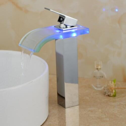 Robinet Salle De Bain Glass Waterfall Basin Faucet Led Color Changing Bathroom Mixer Tap Finish Deck Mounted Wash Sink Taps