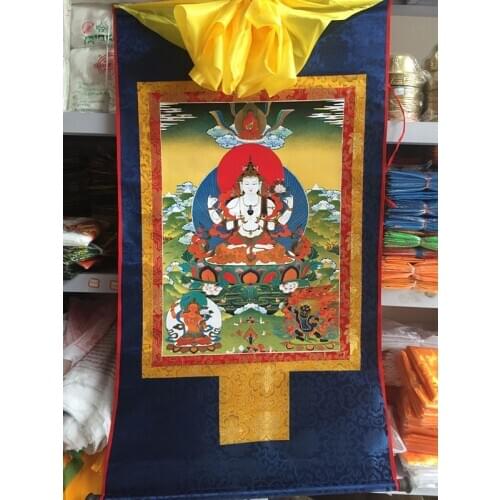 Tibetan Buddhism Crafts Thangka Paintings Four-armed Avalokitesvara Scroll Painting Pure Manual Paste Bodhisattva Satin Hanging