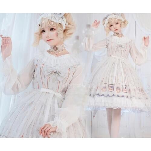 Print Palace Style Lolita Vintage Flouncing Bow OP Dress strap Sleeve Female Party Dress B825