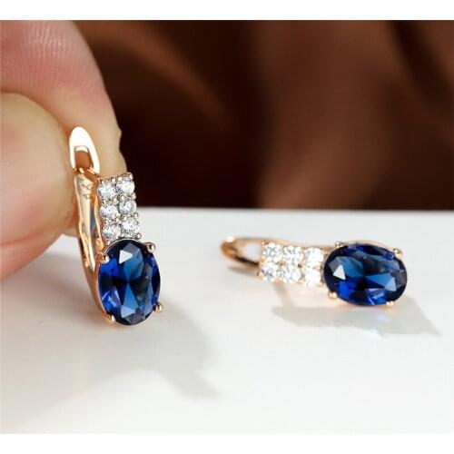 Vintage Rose Gold Engagement Earrings Luxury Crystal Oval Stone Earrings Elegant Blue Zircon Hoop Earrings For Women Bridal Gift