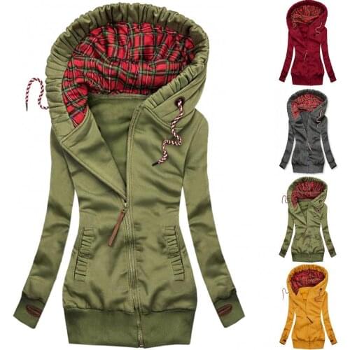 NEW Women Autumn Winter Plaid Patchwork Hood Zip Coat Long Sleeve Jacket Outerwear Harajuku style DROP SHIPPING