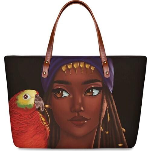 HYCOOL Women Beach Bag Art African Black Girl Parrot Pattern Female Handbags Fashion Walking Shopping Tote Bags Woman Pouch Bag