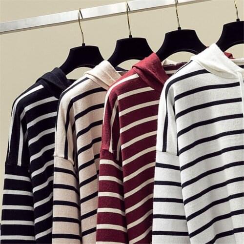 Women Long Sleeve Casual Hooded Knitted Sweater Pullover Leisure Harajuku Cashmere Jumper Top Autumn Winter Striped Sweater